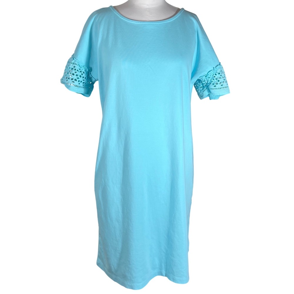 Talbots Womens Aqua Blue Cotton Eyelet‎ Lace Sleeve T-Shirt Shift Dress Large